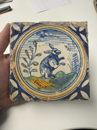 A polychrome Dutch Delft maiolica 'Rabbit' medallion tile, 16th C.