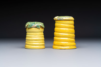 Two rare polychrome Dutch Delft honey pots and covers, 18th C.