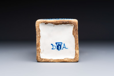 A polychrome Italian maiolica armorial square bottle, Savona, Italy, 17th C.