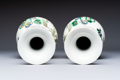 A pair of Chinese famille verte vases with narrative design, 19th C.