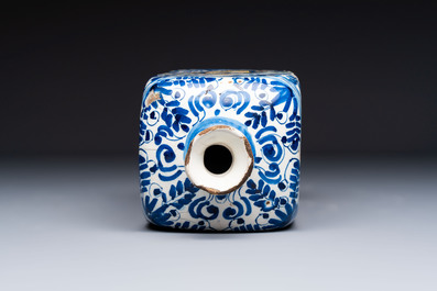 A polychrome Italian maiolica armorial square bottle, Savona, Italy, 17th C.