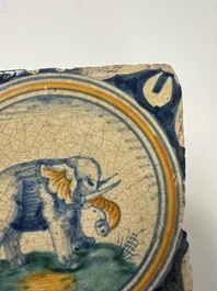 A polychrome Dutch Delft maiolica 'Elephant' medallion tile, 16th C.