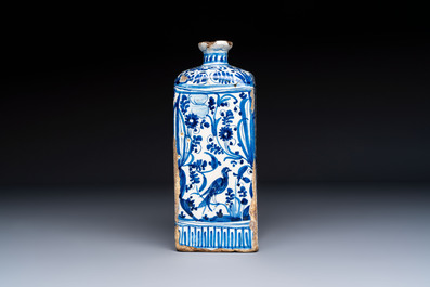 A polychrome Italian maiolica armorial square bottle, Savona, Italy, 17th C.