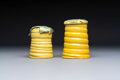 Two rare polychrome Dutch Delft honey pots and covers, 18th C.