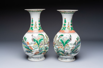 A pair of Chinese famille verte vases with narrative design, 19th C.