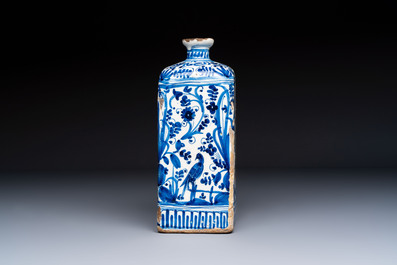 A polychrome Italian maiolica armorial square bottle, Savona, Italy, 17th C.