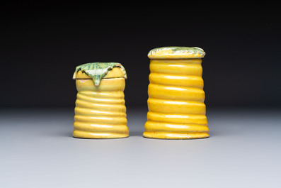 Two rare polychrome Dutch Delft honey pots and covers, 18th C.