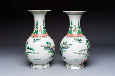 A pair of Chinese famille verte vases with narrative design, 19th C.