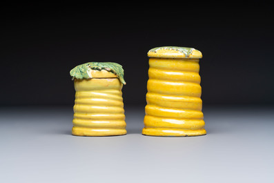 Two rare polychrome Dutch Delft honey pots and covers, 18th C.