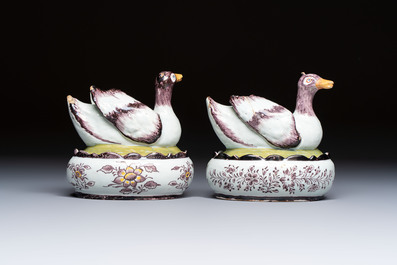 A pair of rare polychrome Dutch Delft duck-form tureens and covers, 18th C.