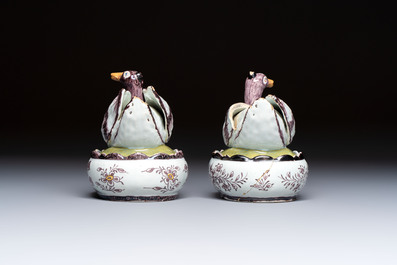 A pair of rare polychrome Dutch Delft duck-form tureens and covers, 18th C.
