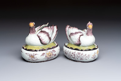 A pair of rare polychrome Dutch Delft duck-form tureens and covers, 18th C.