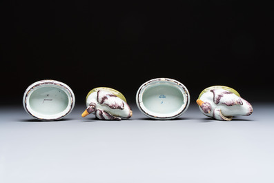 A pair of rare polychrome Dutch Delft duck-form tureens and covers, 18th C.