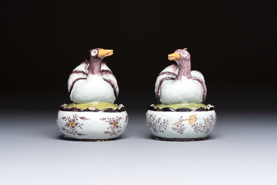 A pair of rare polychrome Dutch Delft duck-form tureens and covers, 18th C.