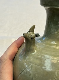 A fine Chinese Yueyao green-glazed chicken-head ewer with dragon-form handle, Southern Dynasties