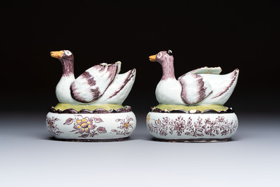 A pair of rare polychrome Dutch Delft duck-form tureens and covers, 18th C.