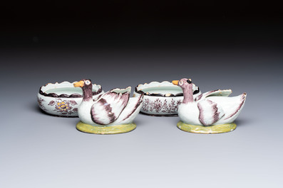 A pair of rare polychrome Dutch Delft duck-form tureens and covers, 18th C.