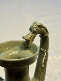 A fine Chinese Yueyao green-glazed chicken-head ewer with dragon-form handle, Southern Dynasties