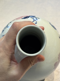 A Chinese blue, white and famille rose 'Peonies' vase, Qianlong mark, 20th C.
