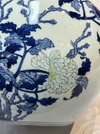 A Chinese blue, white and famille rose 'Peonies' vase, Qianlong mark, 20th C.