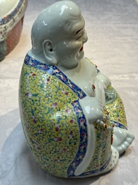 Three Chinese famille rose Milefo Buddhas, Zhu Mao Ji 朱茂記造 marks, 20th C.