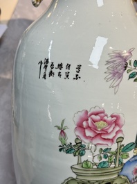 A pair of Chinese famille rose 'Chui Xiao Yin Feng 吹簫引鳳' vases, signed Pan Zhaotang 潘肇唐, dated 1923