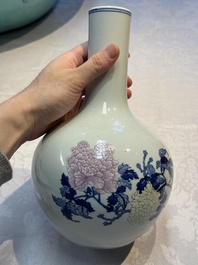 A Chinese blue, white and famille rose 'Peonies' vase, Qianlong mark, 20th C.