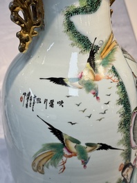 A pair of Chinese famille rose 'Chui Xiao Yin Feng 吹簫引鳳' vases, signed Pan Zhaotang 潘肇唐, dated 1923