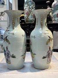 A pair of Chinese famille rose 'Chui Xiao Yin Feng 吹簫引鳳' vases, signed Pan Zhaotang 潘肇唐, dated 1923