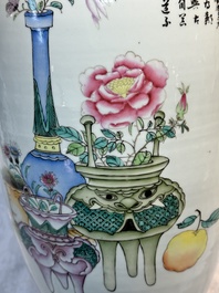 A pair of Chinese famille rose 'Chui Xiao Yin Feng 吹簫引鳳' vases, signed Pan Zhaotang 潘肇唐, dated 1923