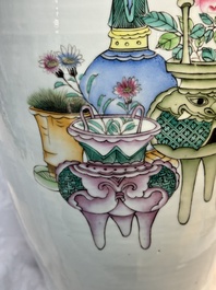 A pair of Chinese famille rose 'Chui Xiao Yin Feng 吹簫引鳳' vases, signed Pan Zhaotang 潘肇唐, dated 1923