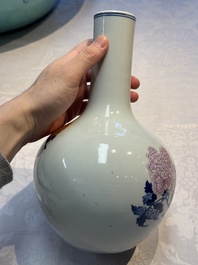 A Chinese blue, white and famille rose 'Peonies' vase, Qianlong mark, 20th C.