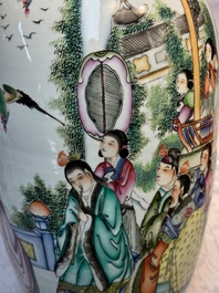 A pair of Chinese famille rose 'Chui Xiao Yin Feng 吹簫引鳳' vases, signed Pan Zhaotang 潘肇唐, dated 1923