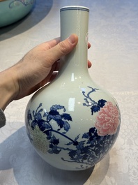 A Chinese blue, white and famille rose 'Peonies' vase, Qianlong mark, 20th C.