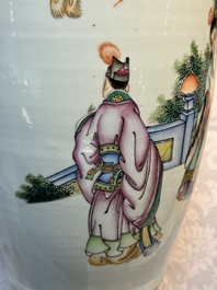 A pair of Chinese famille rose 'Chui Xiao Yin Feng 吹簫引鳳' vases, signed Pan Zhaotang 潘肇唐, dated 1923