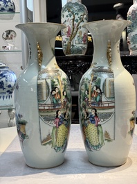 A pair of Chinese famille rose 'Chui Xiao Yin Feng 吹簫引鳳' vases, signed Pan Zhaotang 潘肇唐, dated 1923