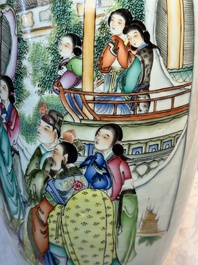 A pair of Chinese famille rose 'Chui Xiao Yin Feng 吹簫引鳳' vases, signed Pan Zhaotang 潘肇唐, dated 1923