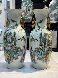 A pair of Chinese famille rose 'Chui Xiao Yin Feng 吹簫引鳳' vases, signed Pan Zhaotang 潘肇唐, dated 1923
