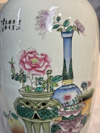 A pair of Chinese famille rose 'Chui Xiao Yin Feng 吹簫引鳳' vases, signed Pan Zhaotang 潘肇唐, dated 1923