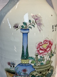 A pair of Chinese famille rose 'Chui Xiao Yin Feng 吹簫引鳳' vases, signed Pan Zhaotang 潘肇唐, dated 1923