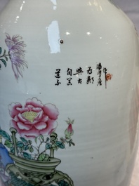 A pair of Chinese famille rose 'Chui Xiao Yin Feng 吹簫引鳳' vases, signed Pan Zhaotang 潘肇唐, dated 1923