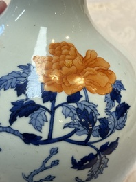 A Chinese blue, white and famille rose 'Peonies' vase, Qianlong mark, 20th C.