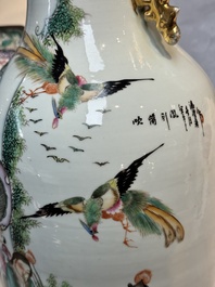 A pair of Chinese famille rose 'Chui Xiao Yin Feng 吹簫引鳳' vases, signed Pan Zhaotang 潘肇唐, dated 1923