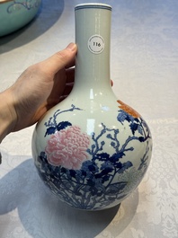 A Chinese blue, white and famille rose 'Peonies' vase, Qianlong mark, 20th C.