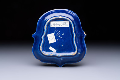 An extremely rare Dutch Delft 'Persian Blue' shield-shaped condiment dish, late 17th C.