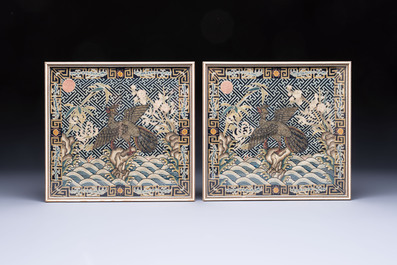 A pair of Chinese embroidered silk 'Civil Ninth-Rank' badges and a pair of kesi 'Civil Fifth-Rank' badges, Qing