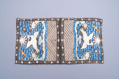 A pair of Chinese embroidered silk 'Civil Ninth-Rank' badges and a pair of kesi 'Civil Fifth-Rank' badges, Qing