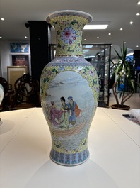 Two Chinese famille rose yellow-ground vases and a turquoise-ground vase, Qianlong and Jing De Zhen 景德鎮 marks, 20th C.