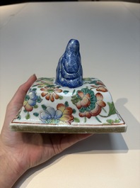 Five Chinese blue, white, famille rose and wucai covers, Kangxi and later