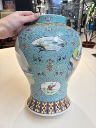 Two Chinese famille rose yellow-ground vases and a turquoise-ground vase, Qianlong and Jing De Zhen 景德鎮 marks, 20th C.